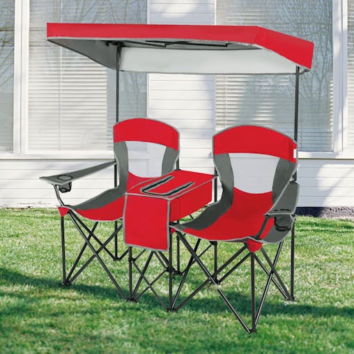 NNECW Double Folding Camping Chair with Canopy and Armrests-Red