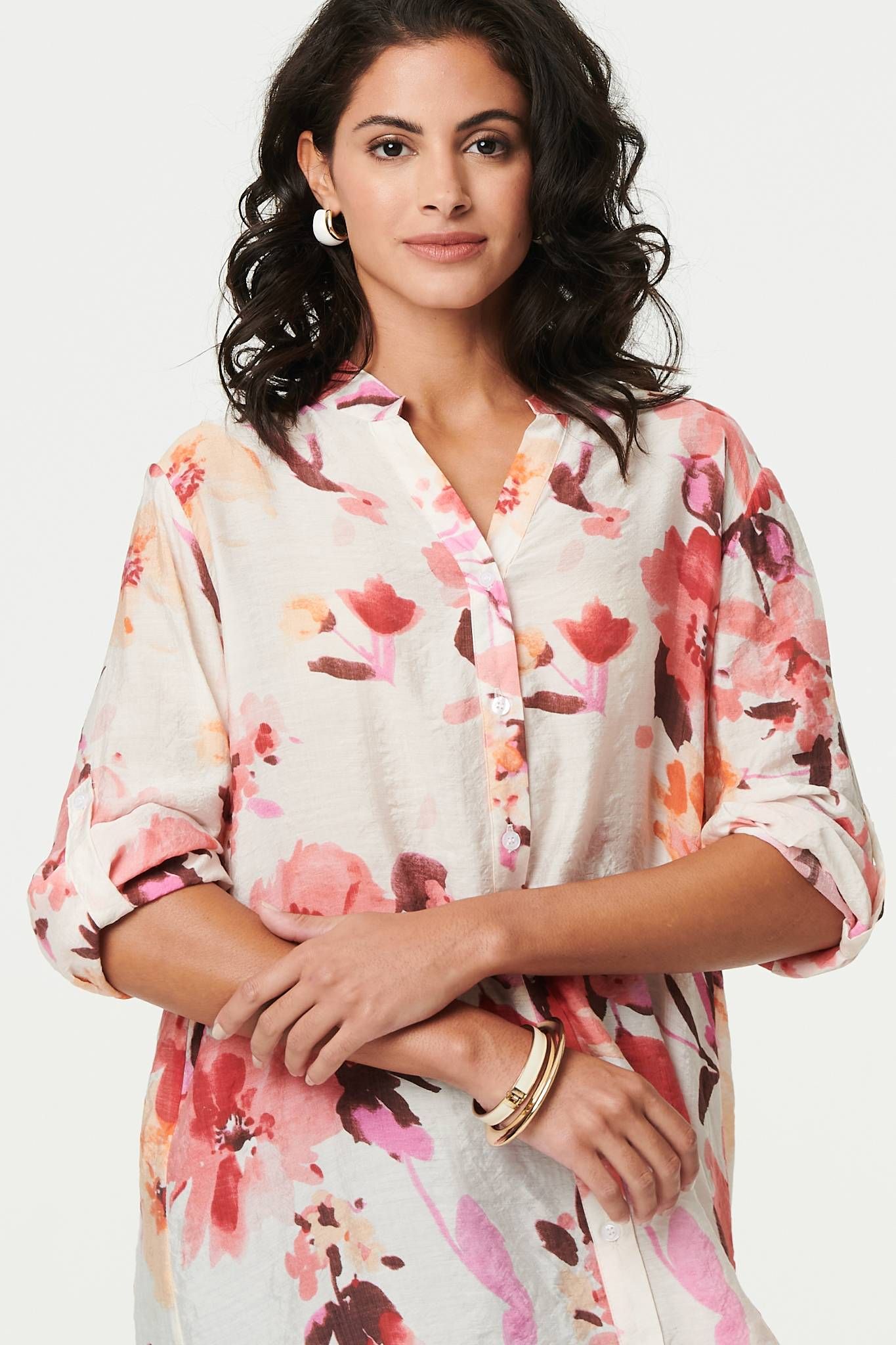 Izabel London Floral Long Sleeve Longline Shirt Dress