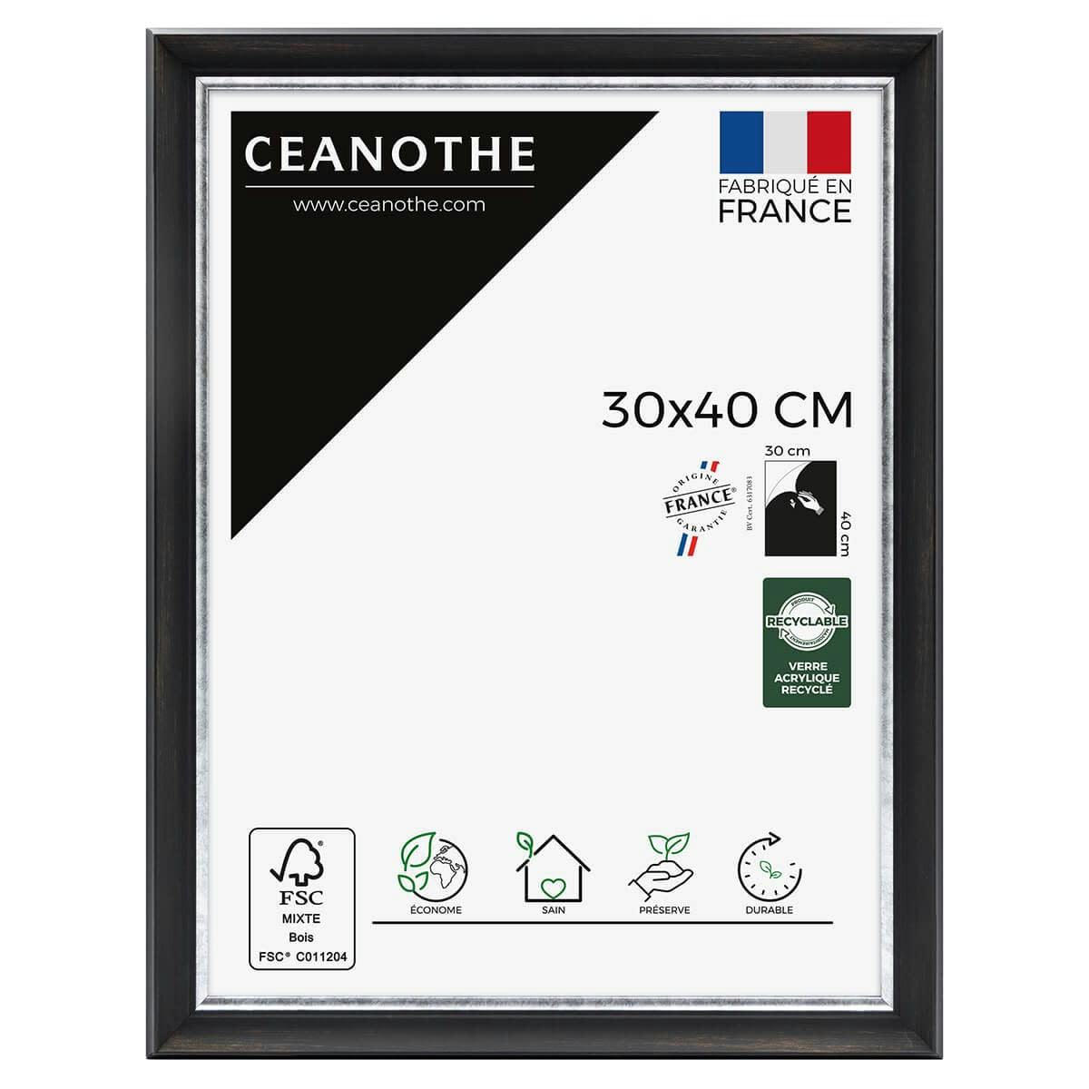 PANDORE - Cadre photo noir et finition argent 30x40 cm résine recyclée