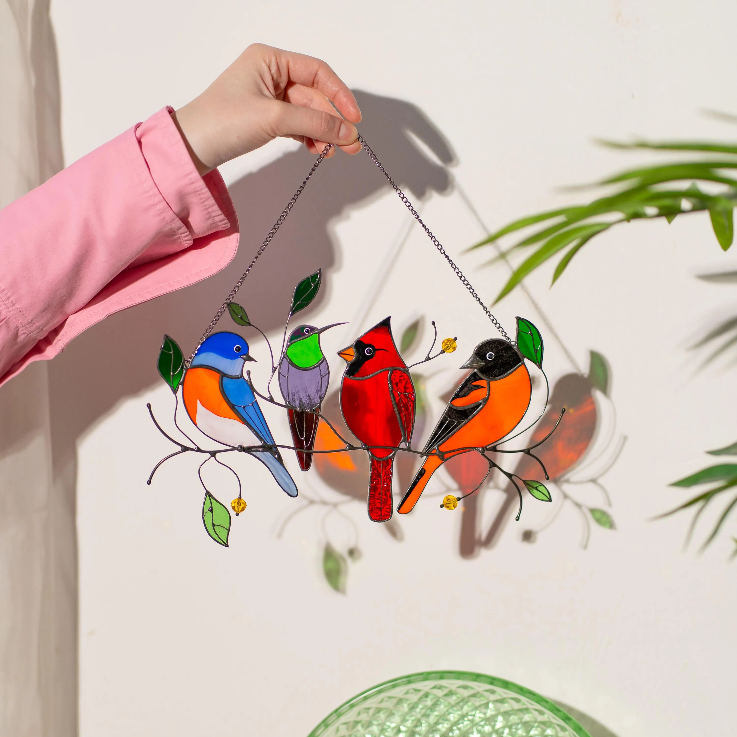 Stained glass birds glass suncatcher Unique gift for mom Spring decor window hangings