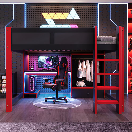 Lit mezzanine 140x200cm avec LED - avec bureau - avec échelle et armoire - avec 1 tiroir - noir   rouge (matelas non inclus)