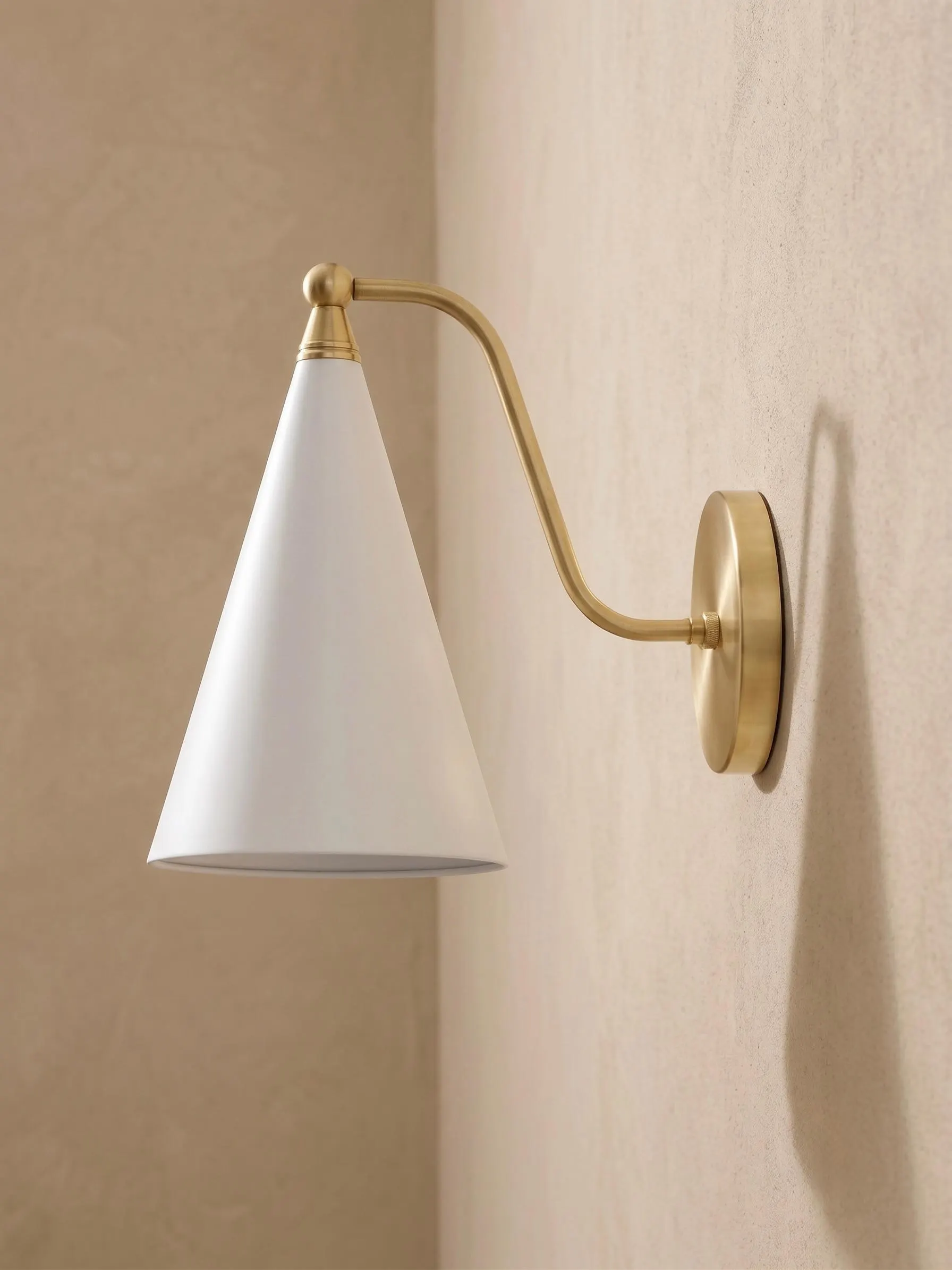 Modern Brass Wall Sconce | White Cone Shade Wall Light | Mid Century Brass Lamp | Bedside Reading Light | Bathroom Vanity Lighting Fixture