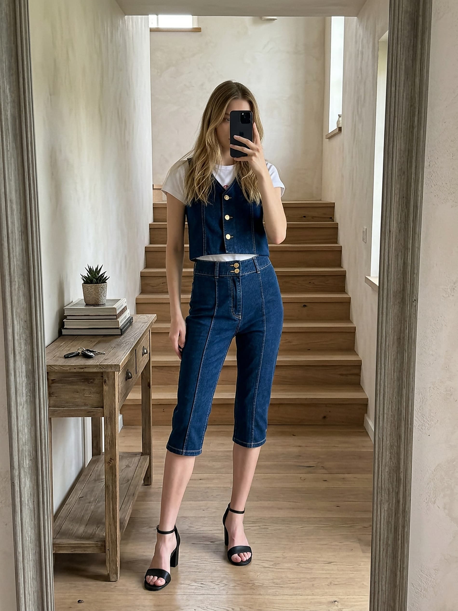 Jeansy capri z przeszyciem z przodu