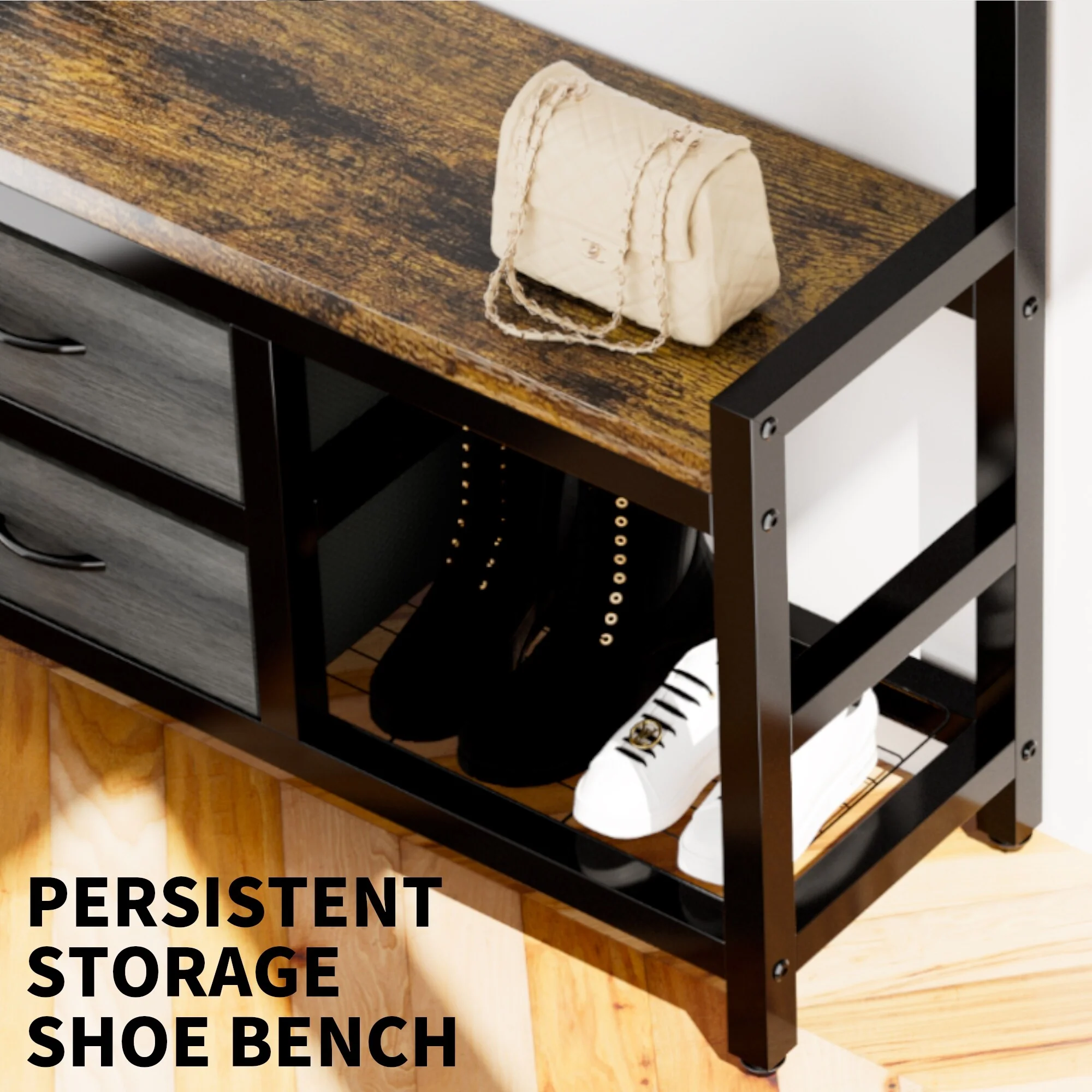 33.1 Wide 5-in-1 Hall Tree with Movable Drawers, Shoe Storage, Shelves, Garment Racks, and 23 Hooks