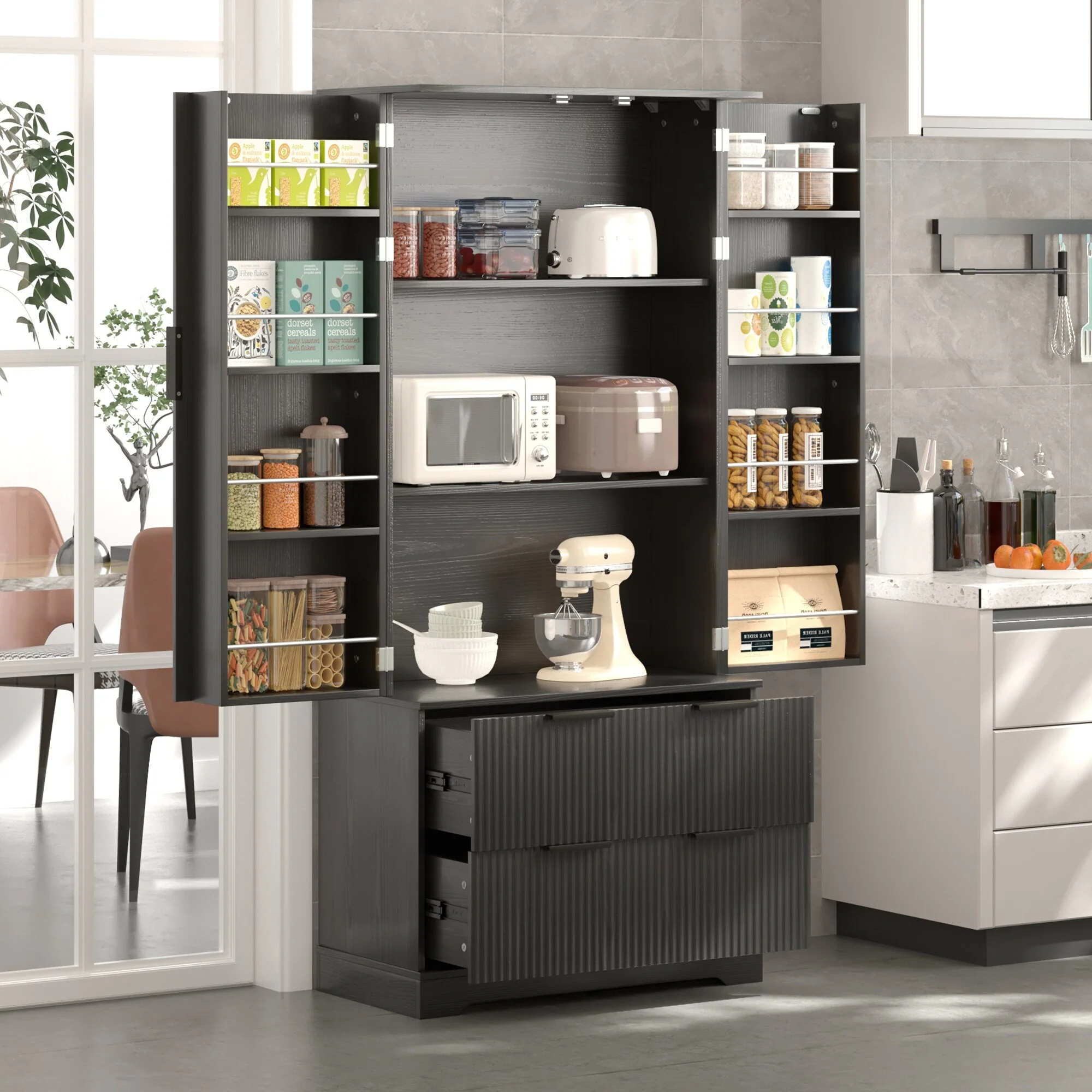 Farmhouse Kitchen Pantry Cabinet with 2 Deep Drawers & 8-Door Spice Rack - Storage Cupboard for Dining Room (72 Tall)