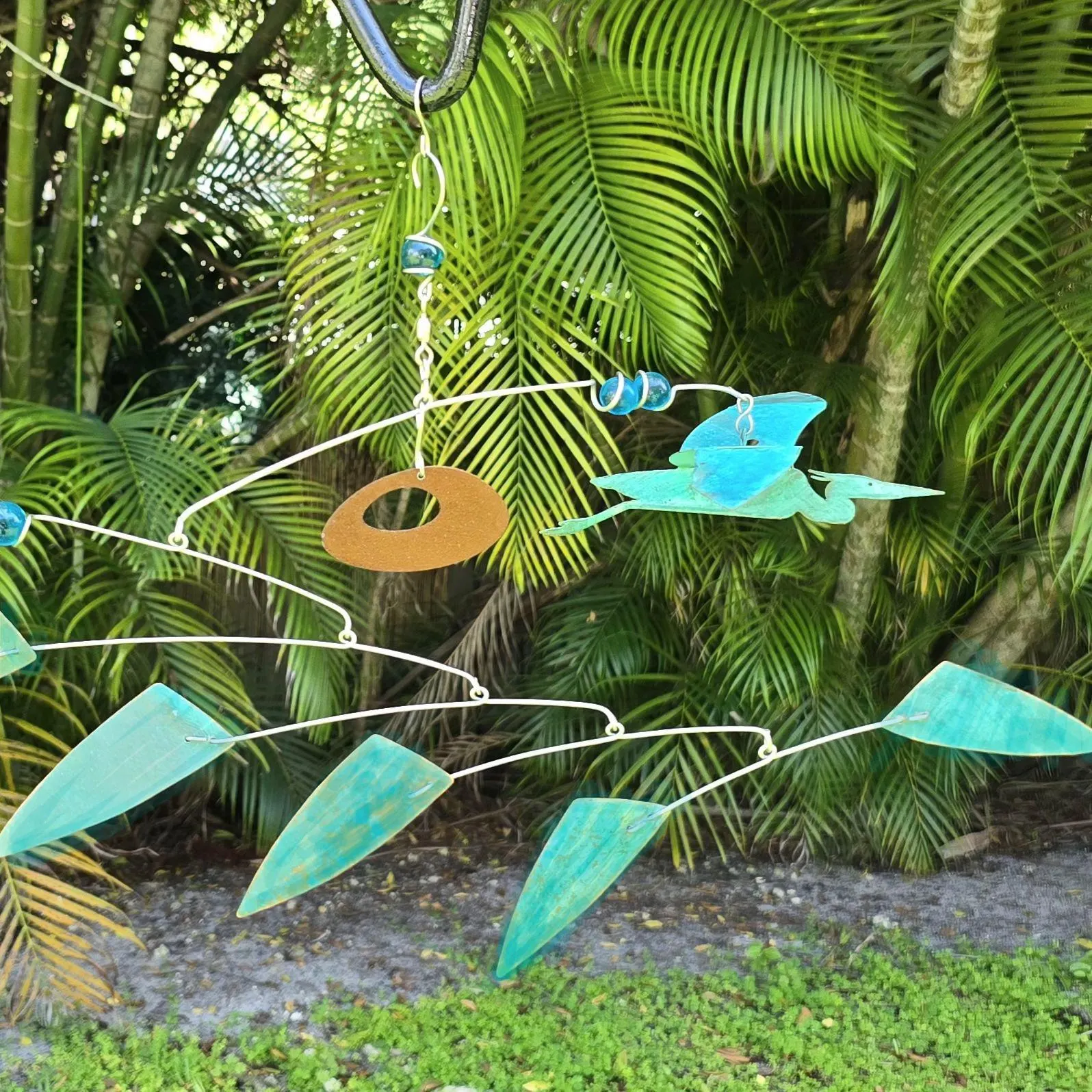 Heron Mobile for Home and Garden Decor for Bird Lovers Gift Idea with Heron Figurine Kinetic Sculpture in Patina Copper Mobile