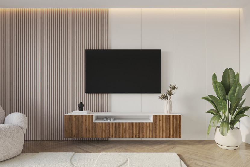 Szafka RTV z frezowanymi frontami wisząca NOA-2-W - 200x40x41 cm -Brązowy