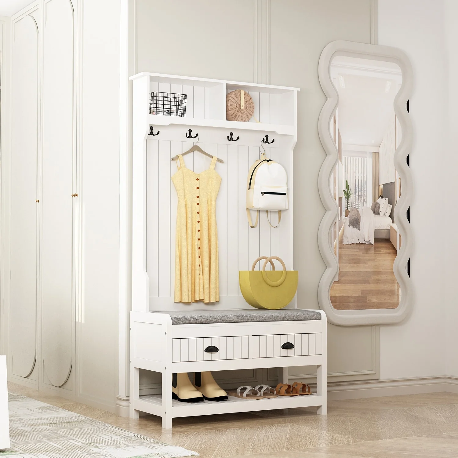 68.5H Hall Tree with Bench and Shoe Storage White/Black/Grey