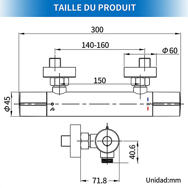 Mitigeur Thermostatique Douche Robinet Mitigeur Douche pour Colonne de Douche Baignoire Robinetterie de Bain en Laiton Chromé