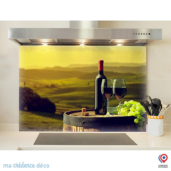 Crédence cuisine fond de hotte Vin rouge sur tonneau - Verre trempé - L 70 cm x H 60 cm - MaCrédenceDéco