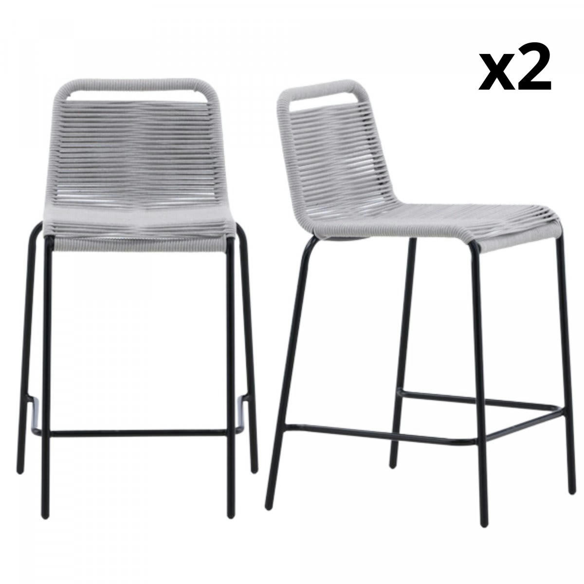 CYNTHIA - Lot de 2 tabourets d'extérieur gris en métal et corde