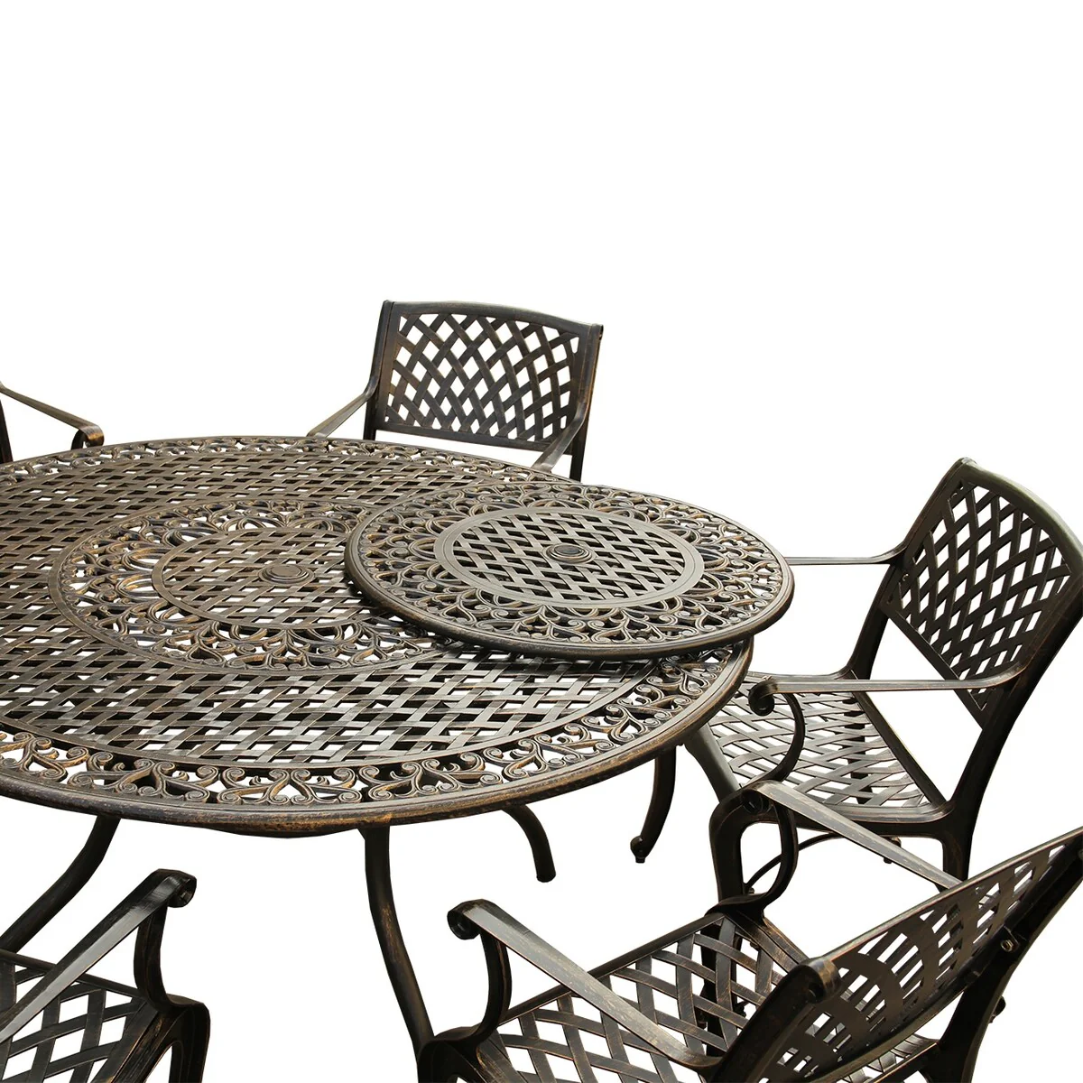 Outdoor Lattice 59 in. Round Dining Set with Lazy Susan and Six Chairs - N/A