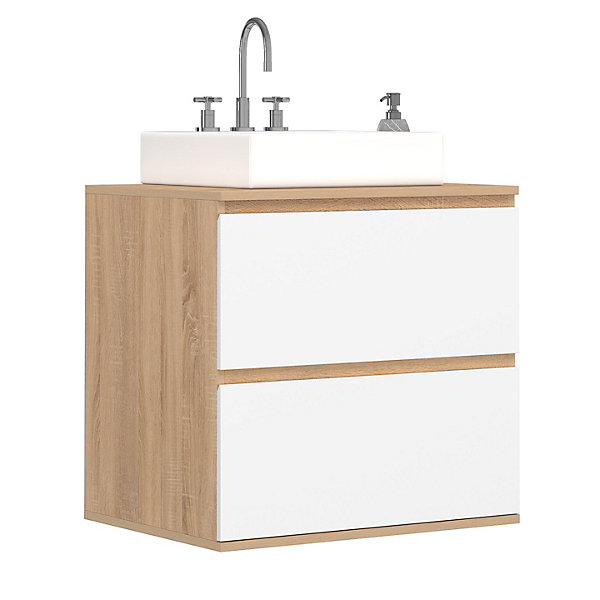 Meuble sous vasque suspendu salle de bain TOMI 2 tiroirs façon hêtre et blanc