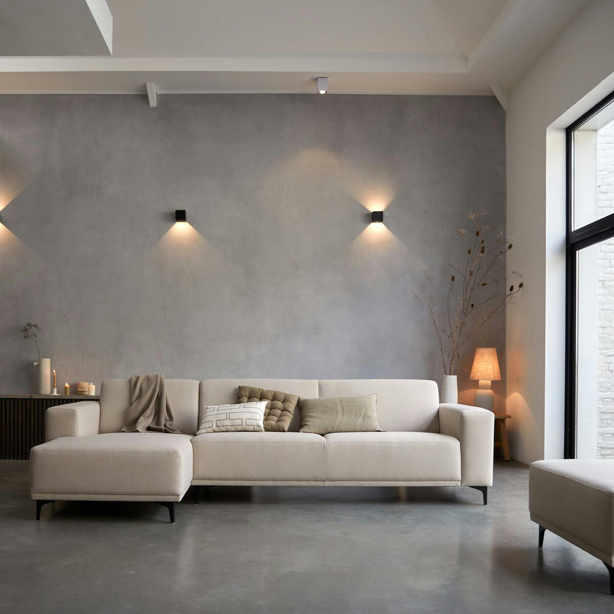 LARS - Canapé d'angle gauche en tissu écru 300 x 150 cm, 5 places