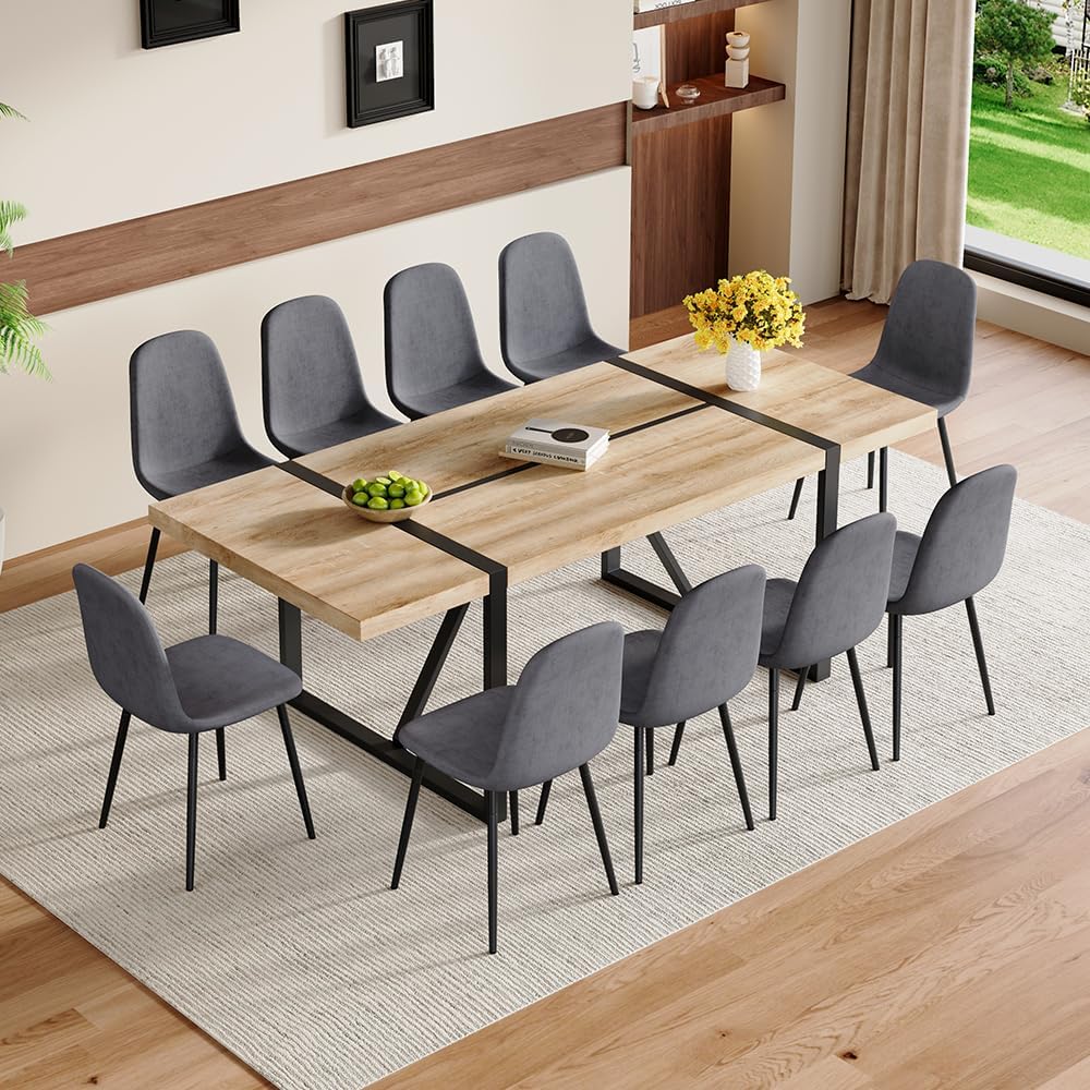 86.6 Dining Table Set for 10, Modern 11 Piece Wood Kitchen Table and Chairs Set, Large Rectangle Dining Table with 10 Linen Fabric Upholstered Chairs, Perfect for Family Gatherings and Dining Room