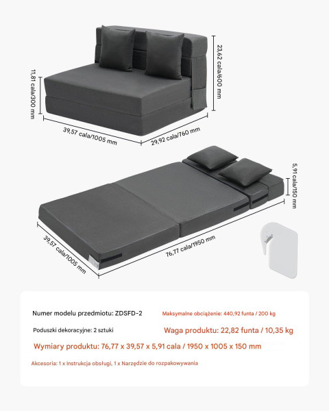 Narożnik sofa rozkładana 3w1 z poduszkami ciemnoszara do salonu sypialni