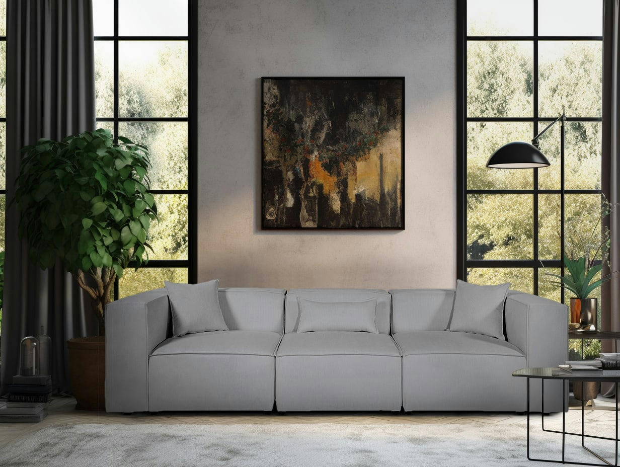 LIVAL - Canapé droit modulable 4 places en velours côtelé gris