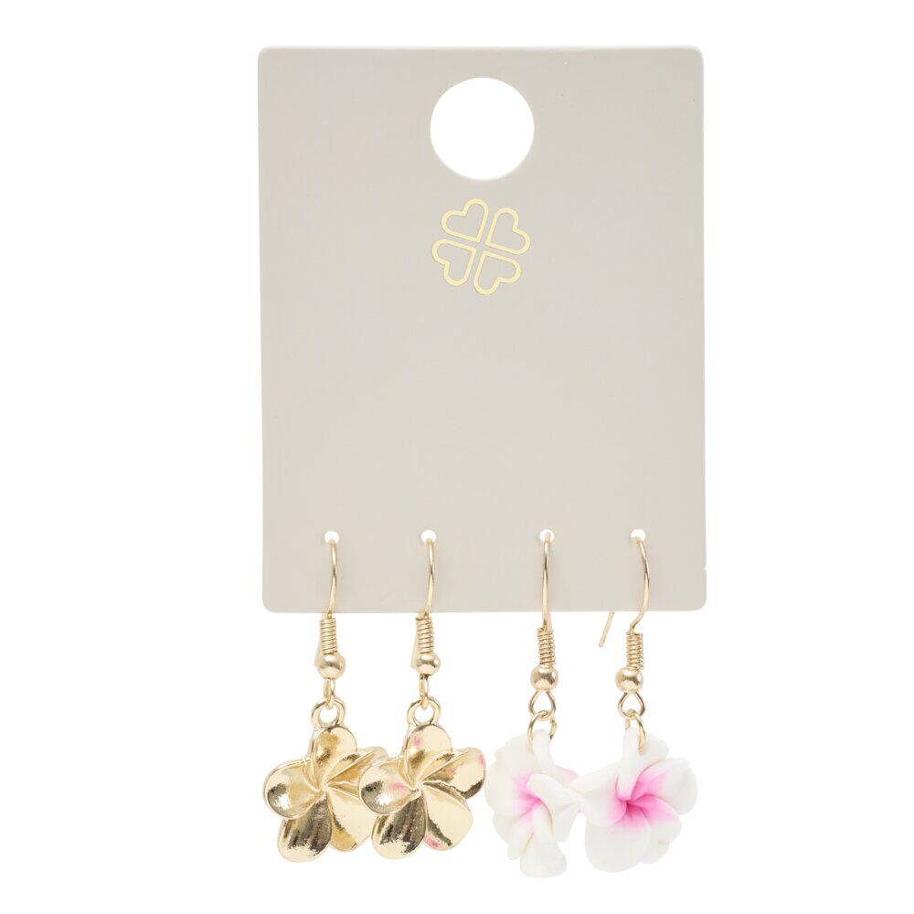 Boucles d'oreilles 2 paires fleur de tiaré rose et blanc métal doré L2,5cm