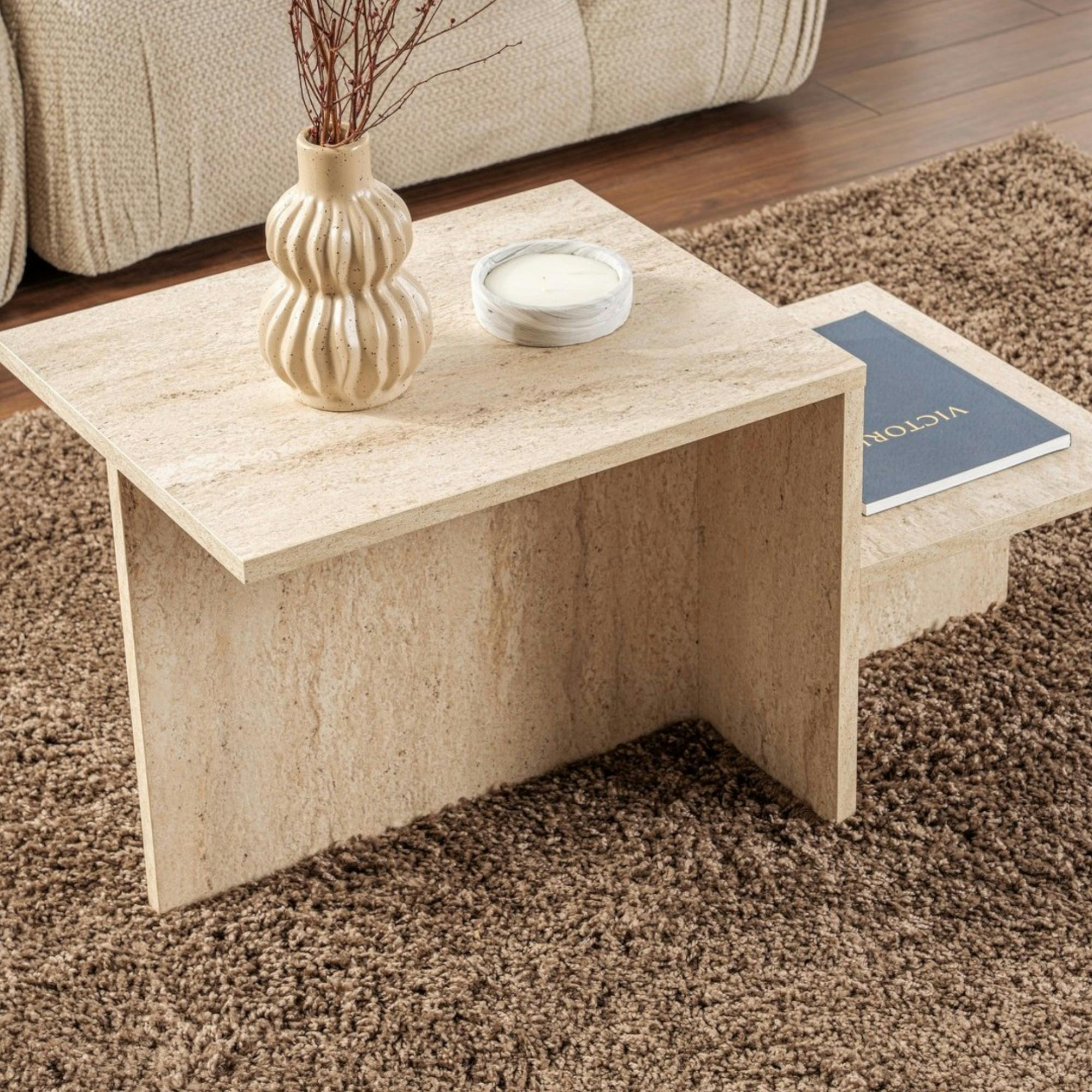 Table basse moderne effet travertin - 2 niveaux MARFA