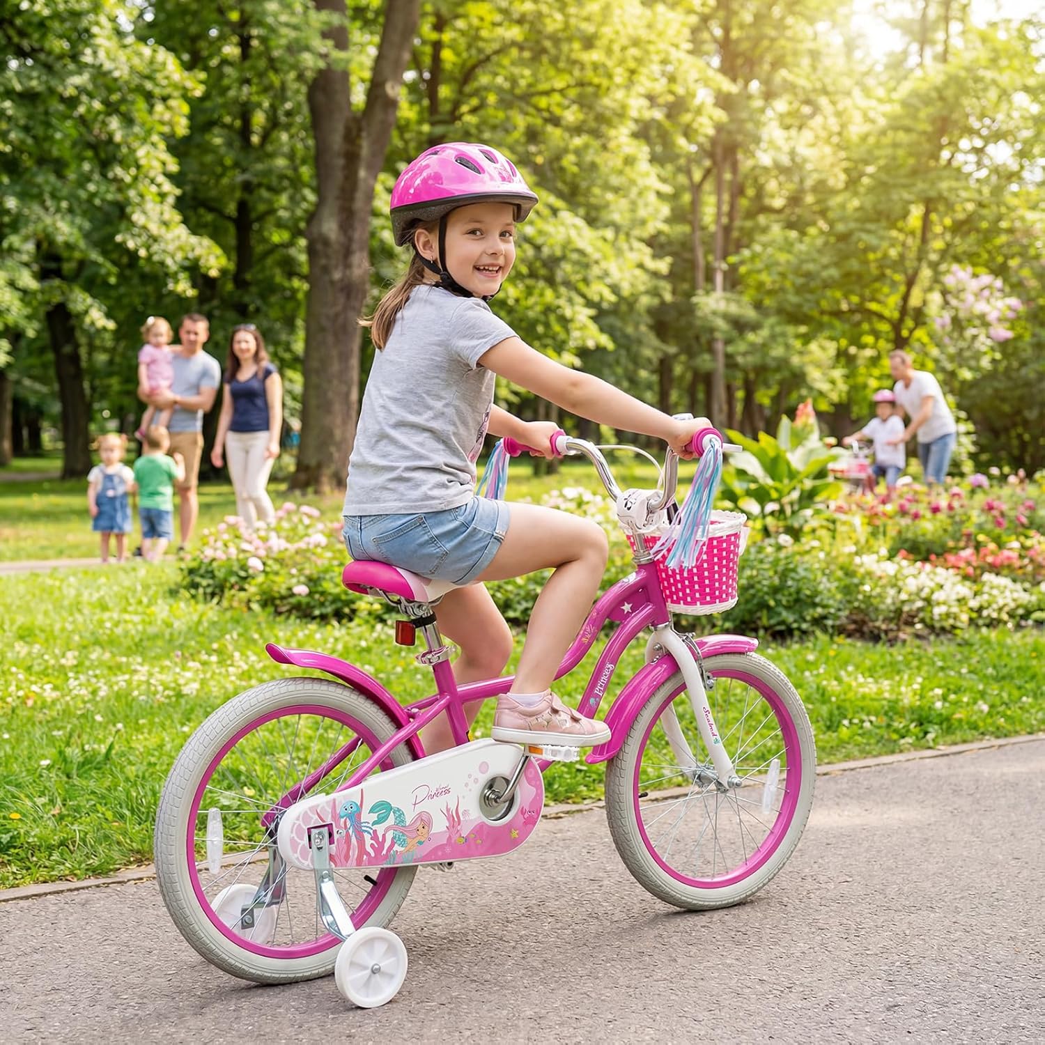 BABY JOY Kids Bike, 12 14 16 18 Mermaid Girls Bike for 3-8 Years Old w/Basket, Training Wheels, Hand & Coaster Brakes, Adjustable Seat & Handlebar, 20 Children Bicycle with Kickstand for 8+