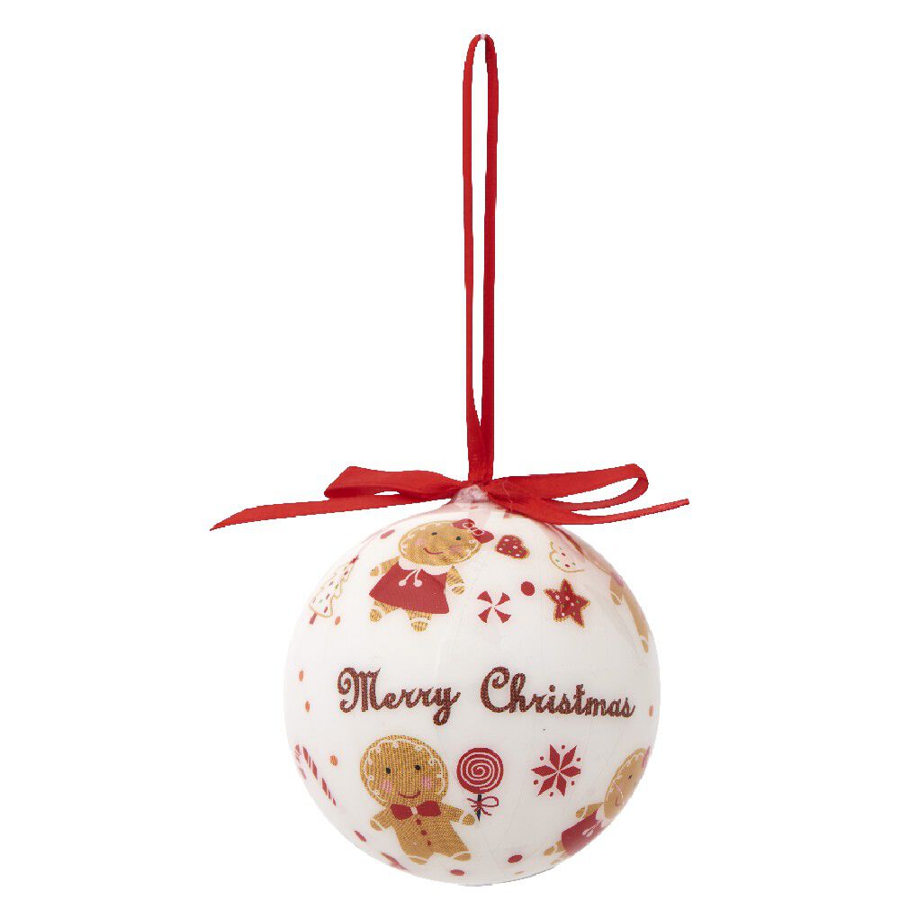 Boule de No&euml;l blanche motif pain d épices