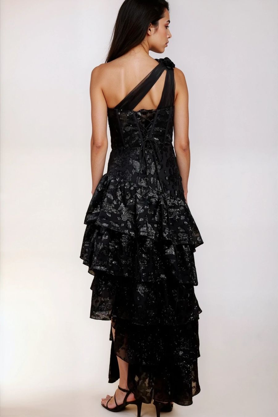 Little Mistress Black Tiered Ruffle One Shoulder Sequin Maxi Dress