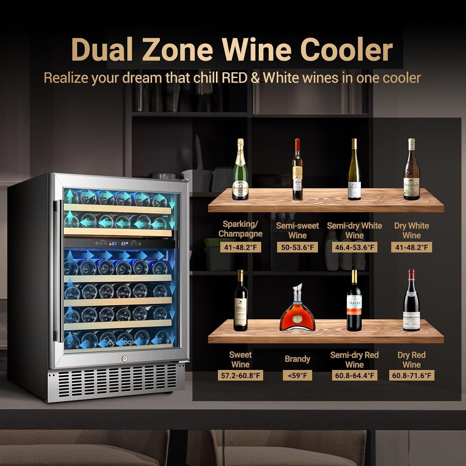 AAOBOSI 24 Inch Wine Cooler,46 Bottle -Dual Zone Built-in or Freestanding with Blue LED Light and Adjustable Shelves for Home,Kitchen or Office.