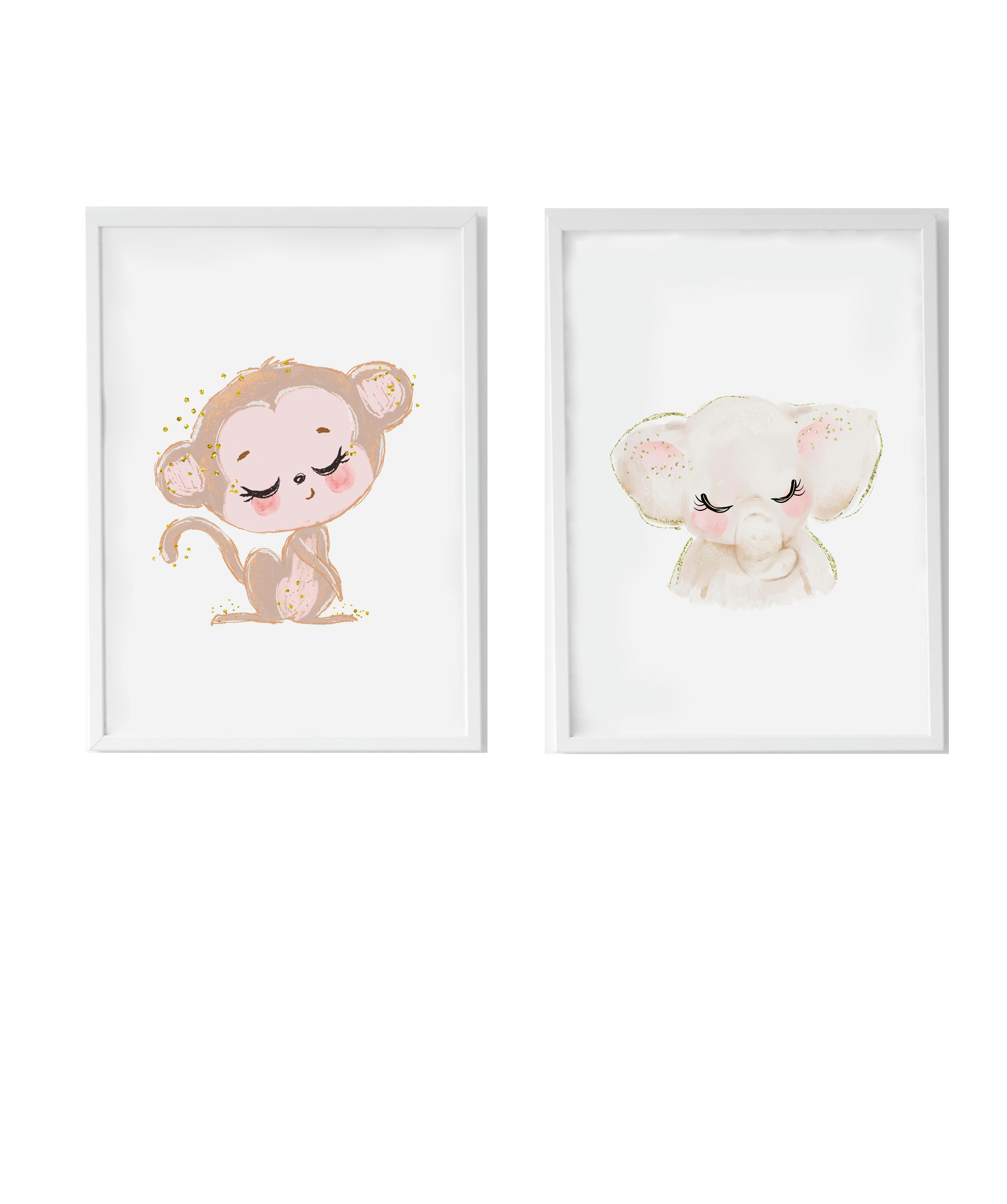 DECOWALL - Pack encadré bois blanc impression le singe et éléphant 43X33 cm