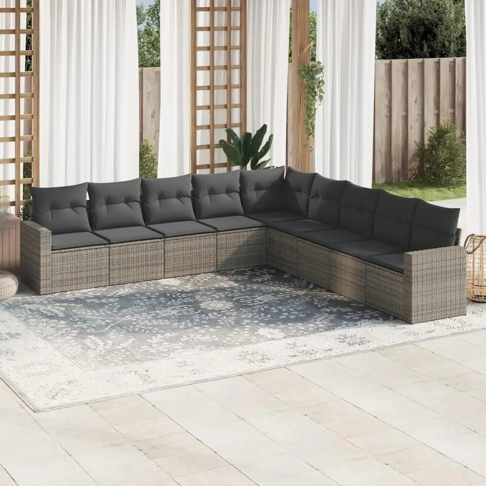 vidaXL Loungeset met kussens voor 9 personen - Grijs - Poly Rattan - 9 stuks