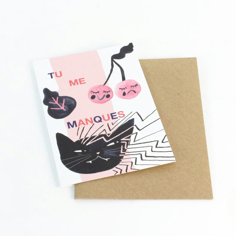 CHAT - Carte postale double avec enveloppe en papier recyclé