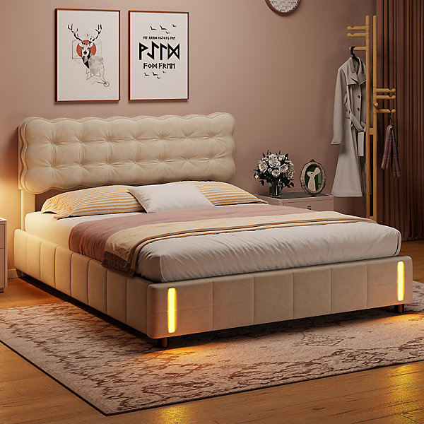 Lit coffre 140x190 cm, lit double en velours, sommier à vérins, Grand rangement, tête rembourrée, LED, design moderne, Beige