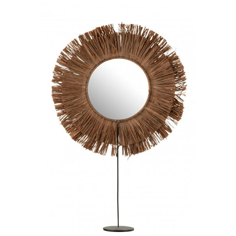 - Miroir rond dans cercle de coquillage et raphia marron sur pied H50cm