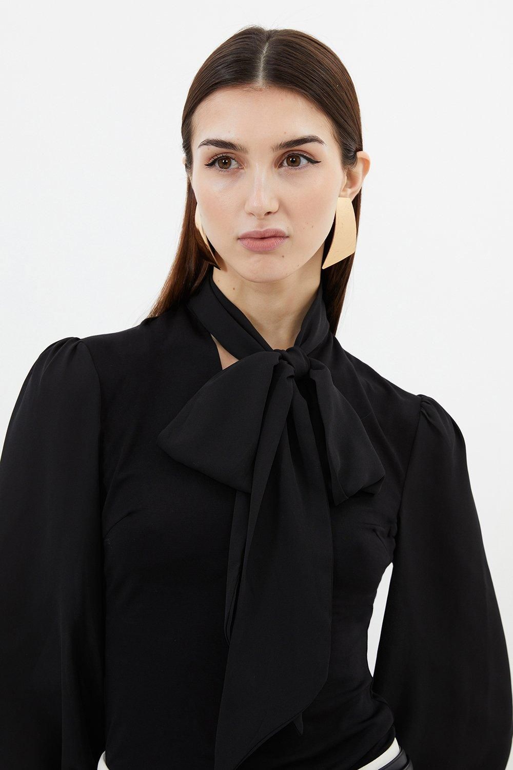 KarenMillen Forever Jersey Ponte And Georgette Mix Tie Neck Long Sleeve Bodysuit