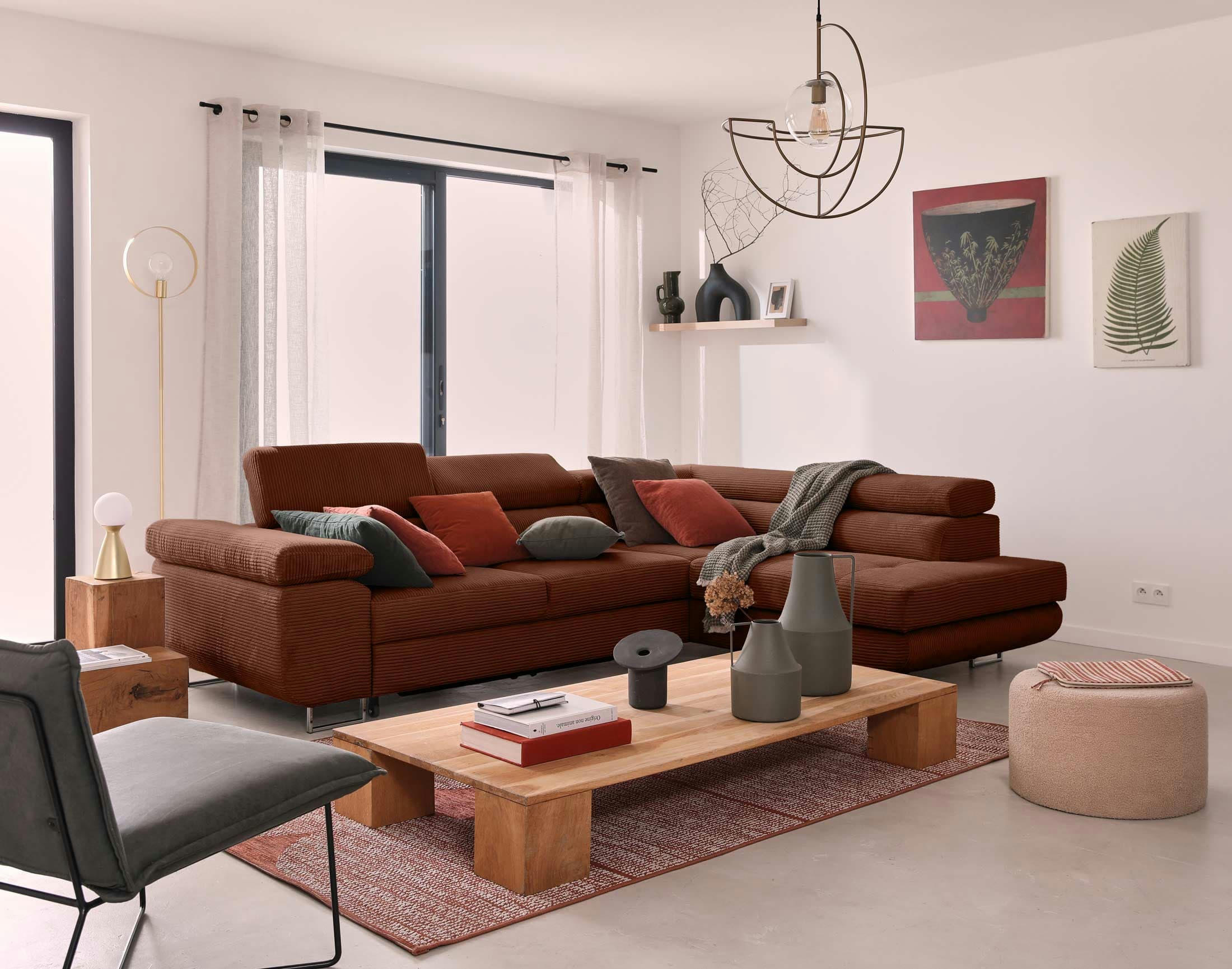 ZARIA - Canapé d'angle droit convertible 5 places en velours côtelé terracotta