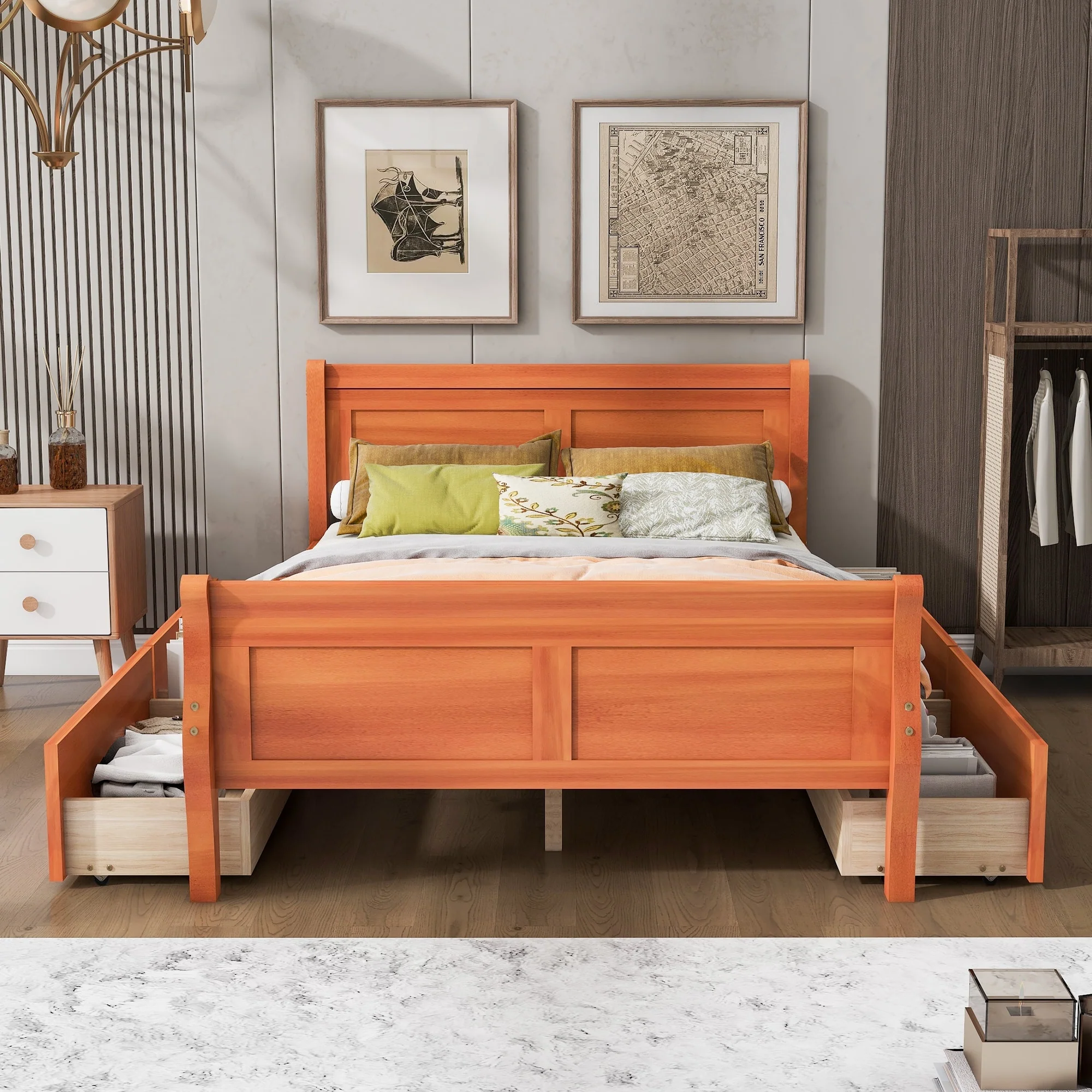 Full Size Wood Platform Bed with 4 Drawers and Streamlined Headboard