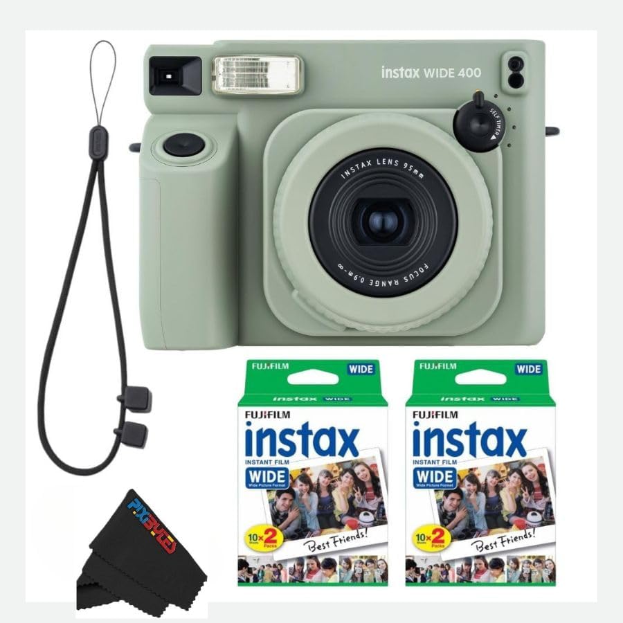 Fujifilm INSTAX Wide 400 Instant Camera - Sage Green with Pixibytes Microfiber Cleaning Cloth (Camera + 2 Wide Twin Packs)