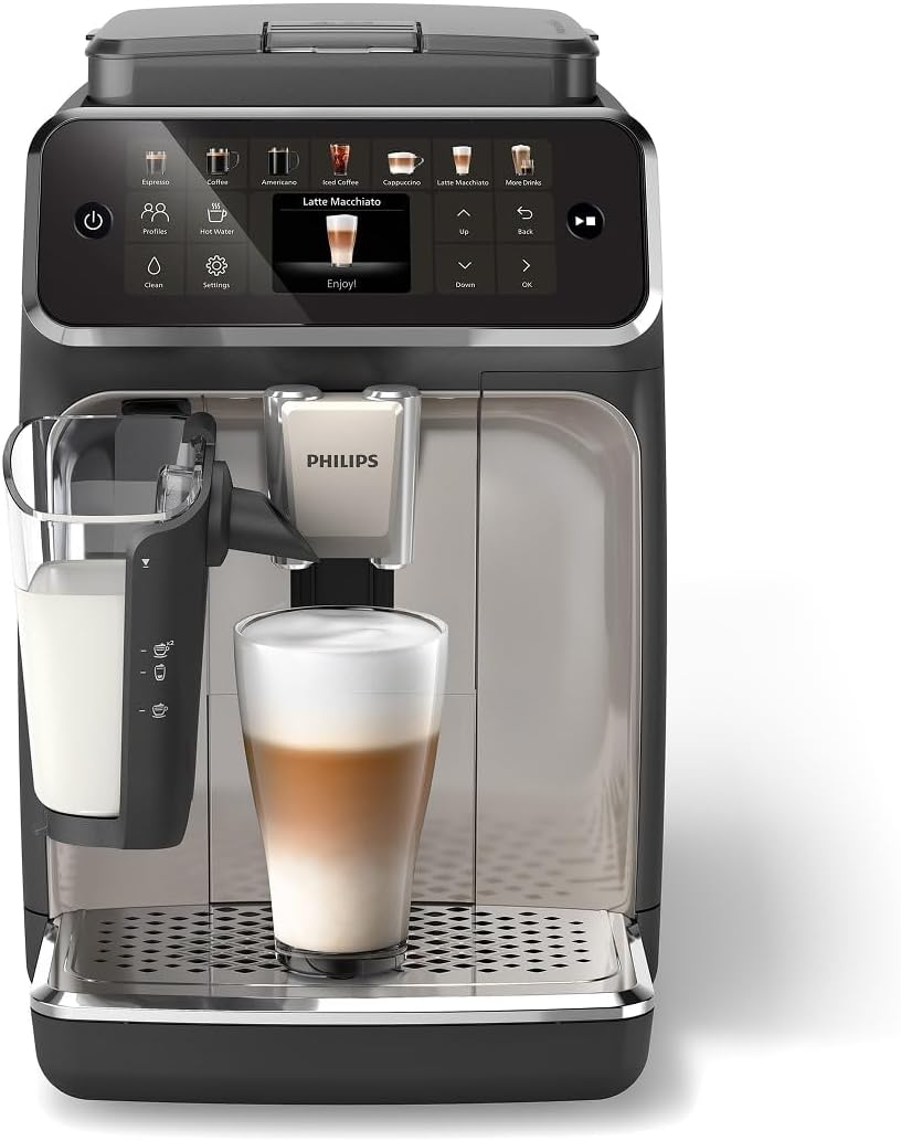 Philips 4400 Series Fully Automatic Espresso Machine – 12 Hot & Iced Coffees, Quick-to-Clean LatteGo Milk System, SilentBrew, QuickStart, Ceramic Grinder, Black Chrome (EP4447/90) (Renewed)