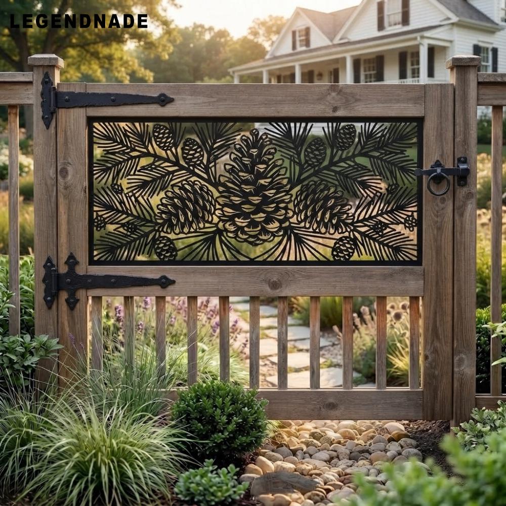Pine Cone Gate Insert Panel, Evergreen Privacy Screen, Rustic Metal Railing, Cabin Fence Decor