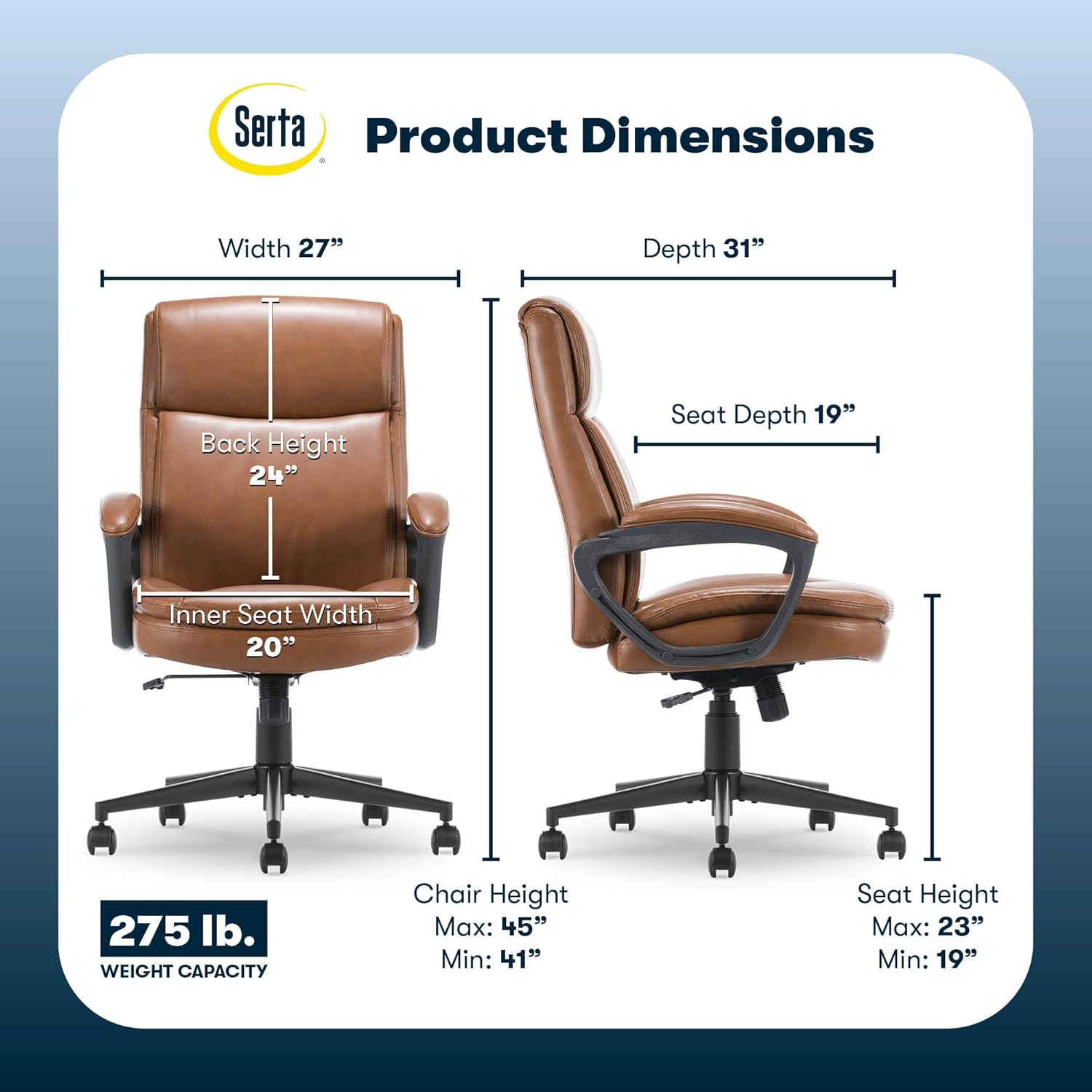 Serta Comfort Ergo Executive Office Chair, Ergonomic Mid-Back Design with Lumbar Support, Semi-Plush Double-Layer Seat Cushion, Padded Armrests, Swivel Metal Base, Bonded Leather, Cognac