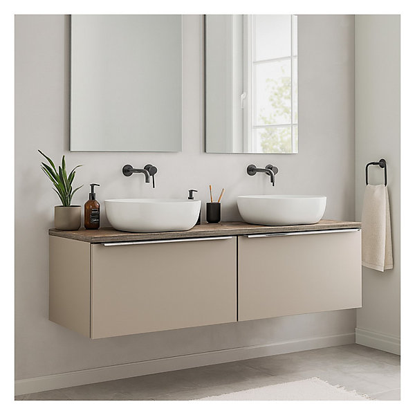 Ensemble de salle de bain VANTA taupe : meubles sous vasque 160cm et plan vasque et 2 vasques à poser