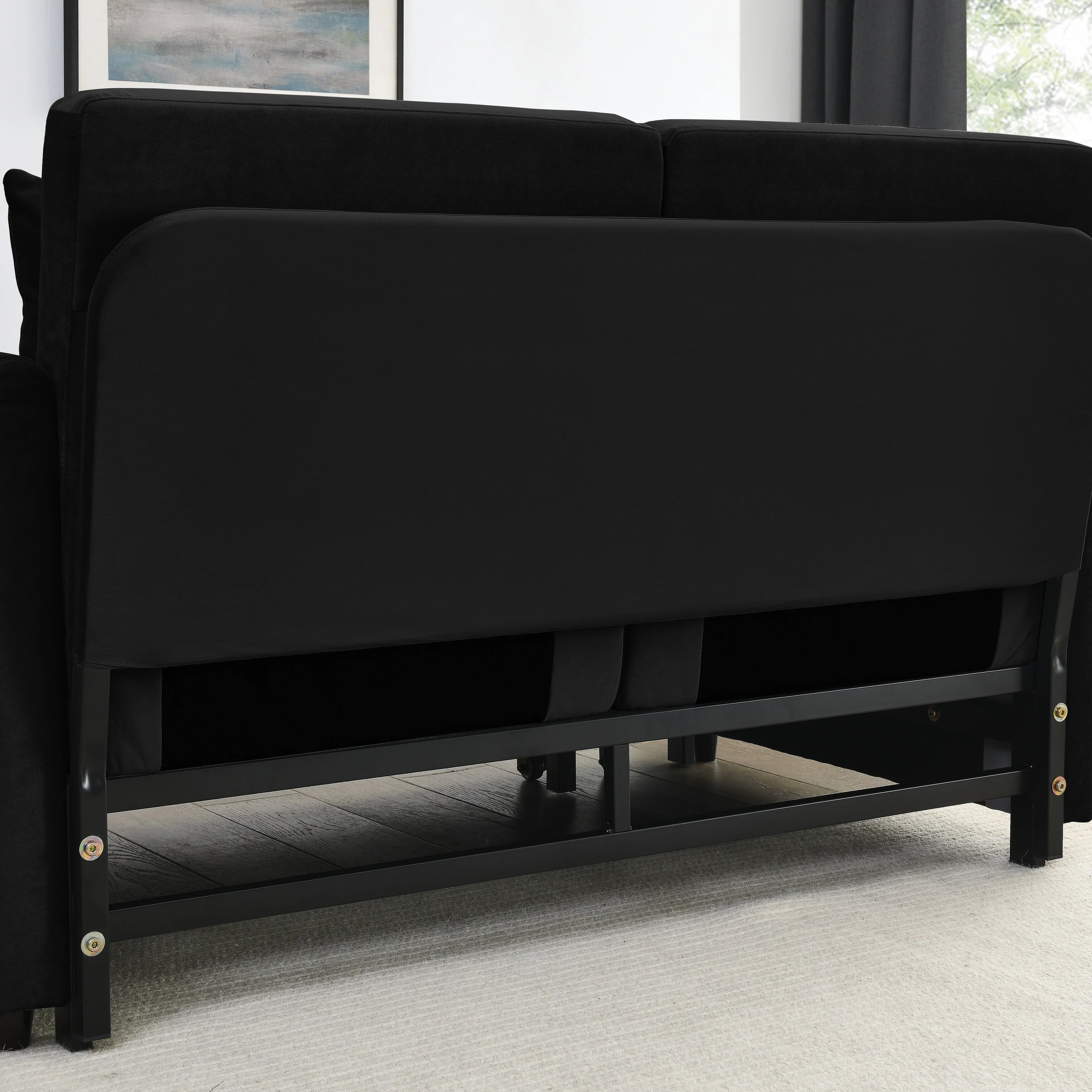 Black 54 Convertible Velvet Sofa Bed with Adjustable Backrest, Pillows, Detachable Arm Pockets, and Grid Design Armrests