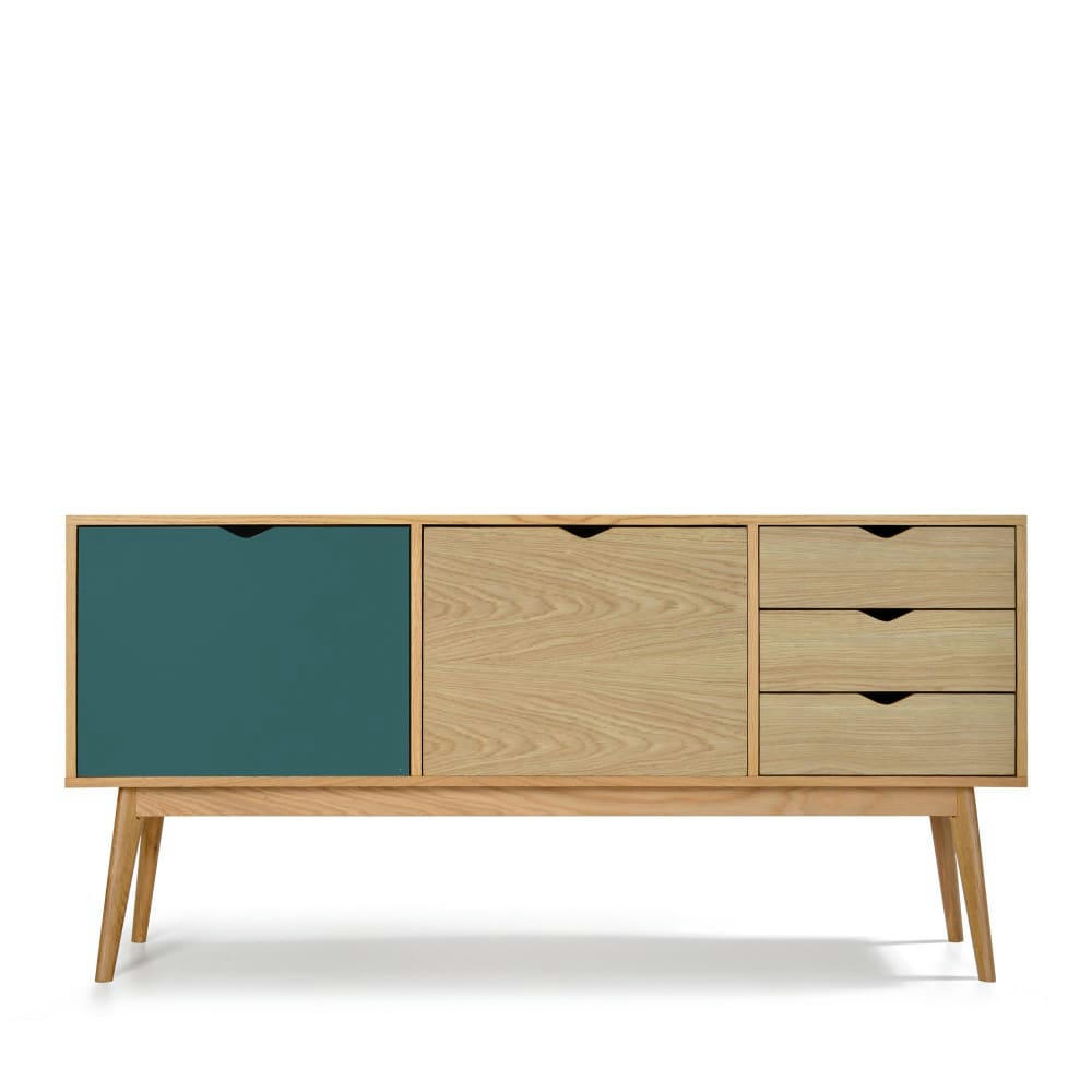 STRÖM - Buffet design 2 portes 3 tiroirs chêne porte vert eucalyptus