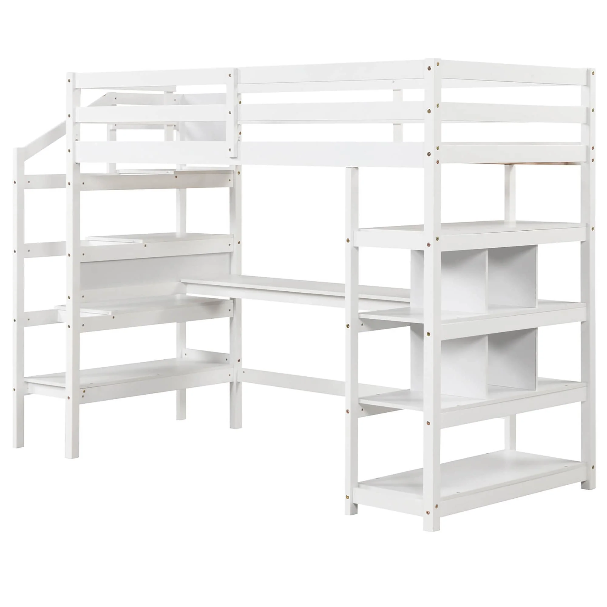 Gymax Twin Size Loft Bed w/ Desk & Storage Stairs Solid Wood Loft Bed