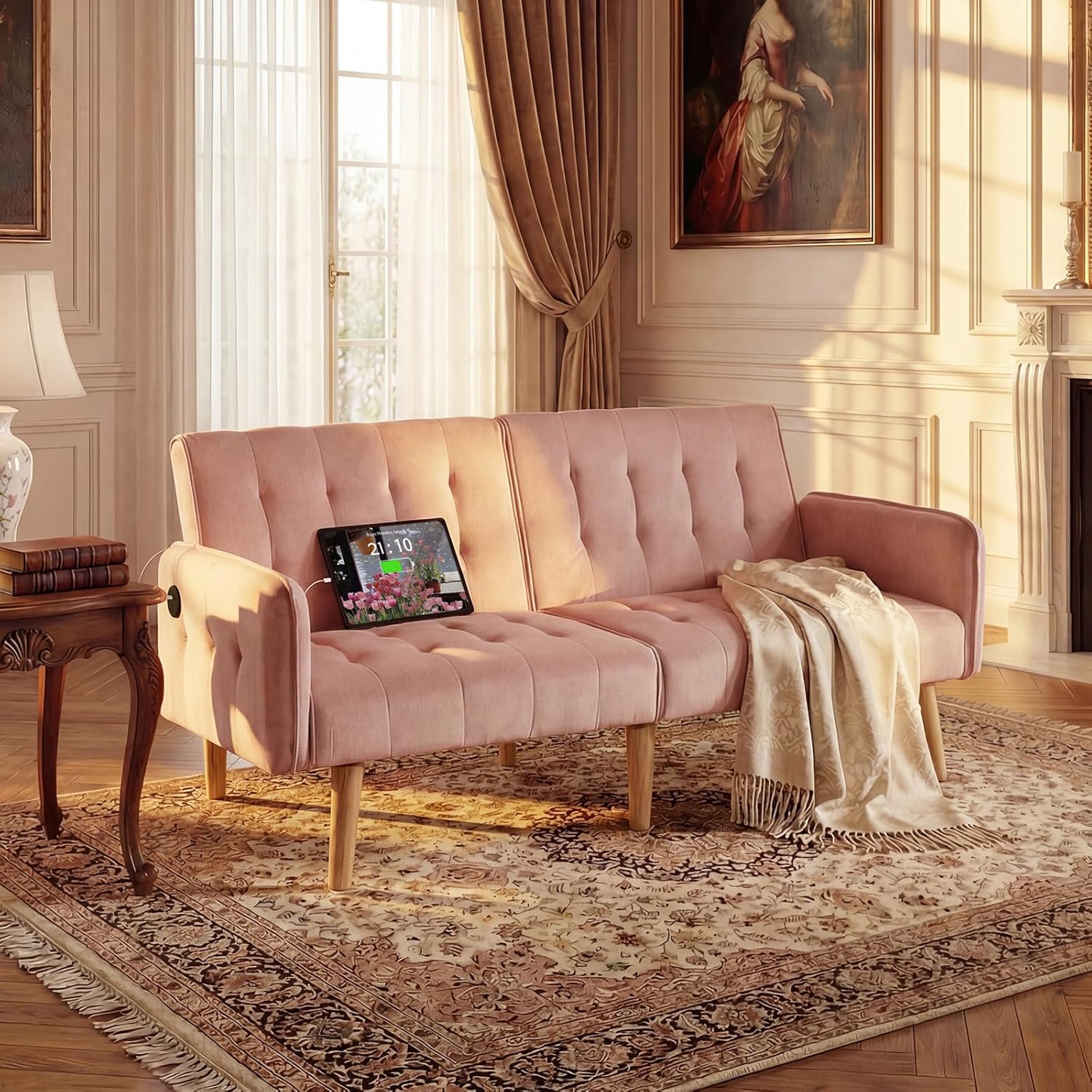 TYBOATLE 65 W Velvet Modern Convertible Folding Futon Couch Sofa Bed w/ 2 USB Charging Ports and arms, Loveseat for Compact Living Space, Dorm, Game Studio, Bonus Room, Apartment, Bedroom (Pink)