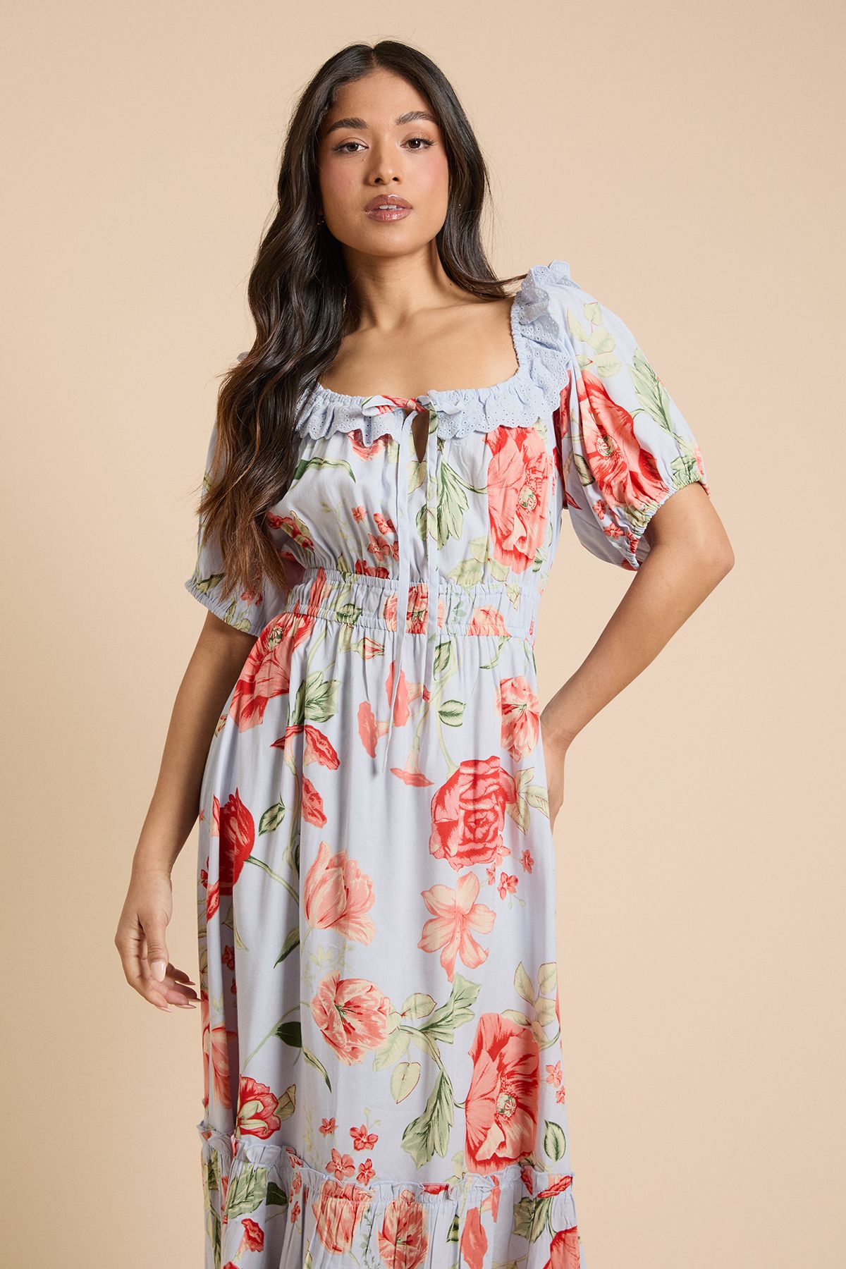 Dorothy Perkins Petite Broderie Frill Detail Tiered Hem Printed Midi Dress