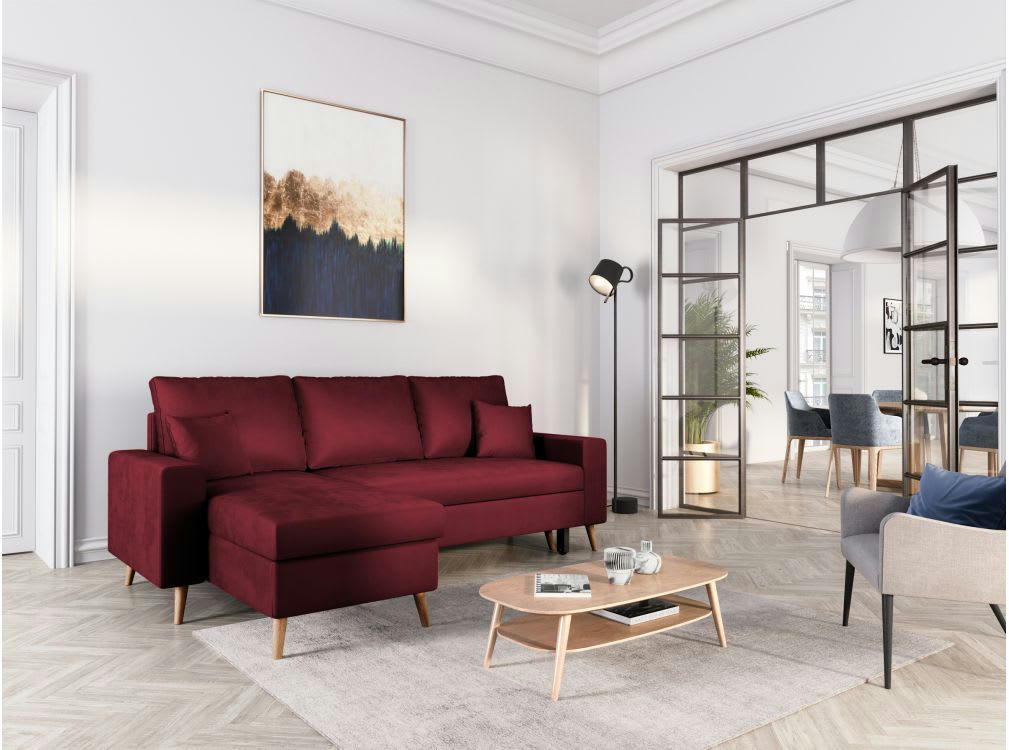 MARIA SCANDINAVE - Canapé d'angle convertible 3 places scandinave en velours - Bordeaux
