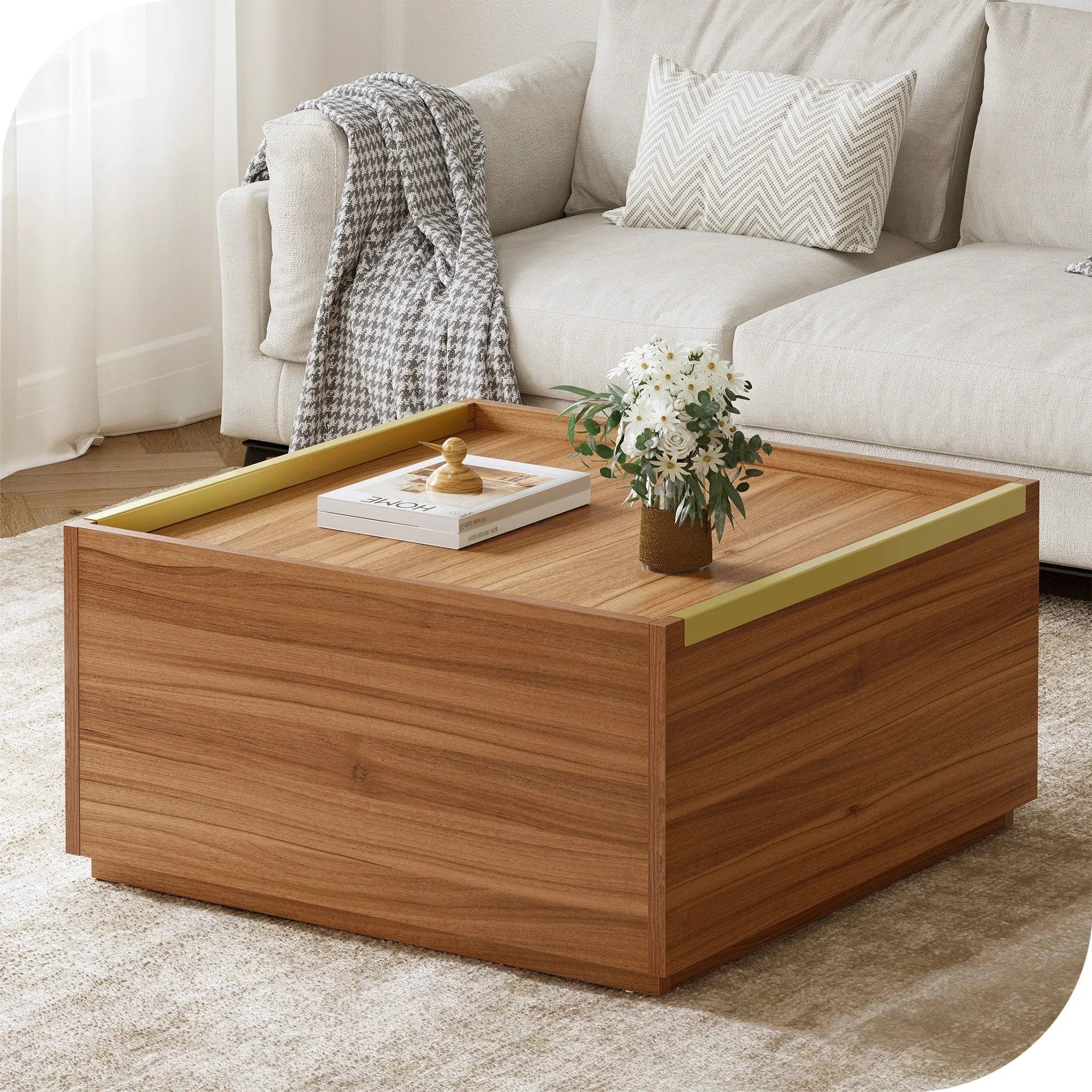 Walnut Square Coffee Table Sofa table with 2 Drawers