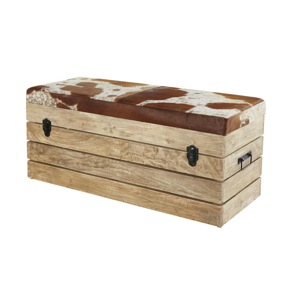 DENVER - Banquette coffre 2 places en manguier et peau de vache