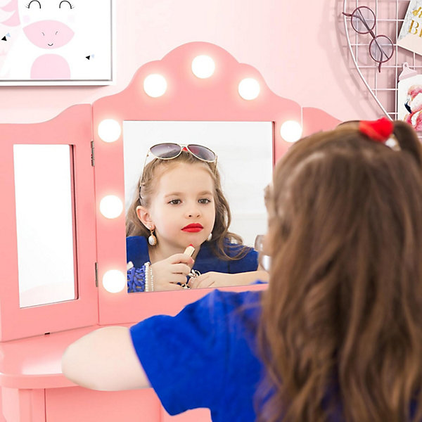 Coiffeuse. 3 Ans Table de Maquillage pour Enfant avec Tabouret Miroir LED à 3 Couleurs Style Princesse