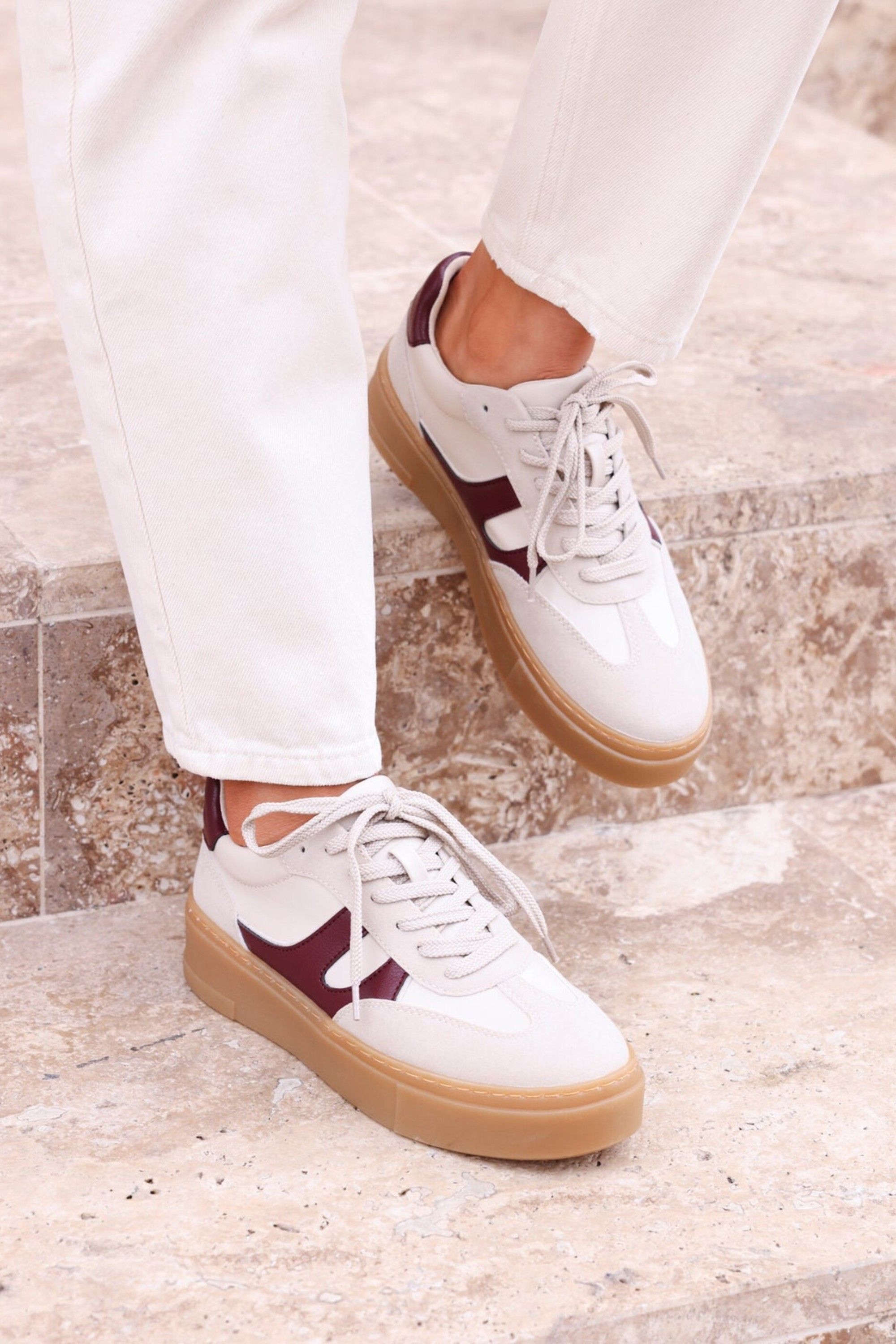 Linzi Kaia Nude and Burgundy Faux Leather Trainers